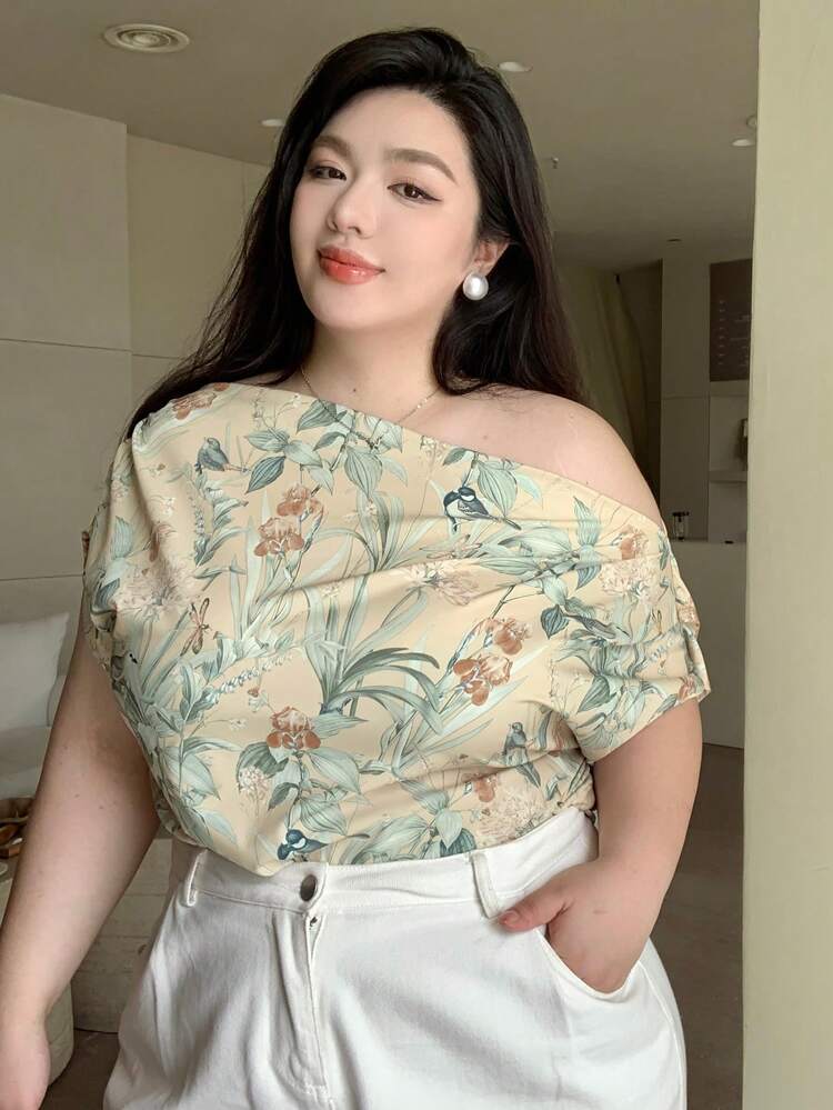 Dazy Plus Plus Size Floral Print Asymmetrical Neck Elegant Loose Blouse, For Summer Vacation Outfits Women Easter Boho