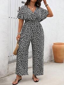 SHEIN LUNE Mono con estampado floral y cintura ceñida para vacaciones y ocio, talla grande, verano