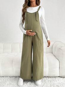 SHEIN 孕妇休闲可调节肩带宽松连体裤 - 軍綠色 - 查看 4