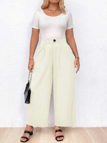 Calvaya 大尺碼女款純色百褶長褲