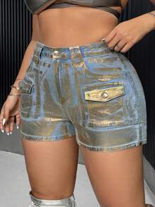 SHEIN ICON 夏季加口袋荷葉邊牛仔短褲 - 中等水洗藍 - 查看 5