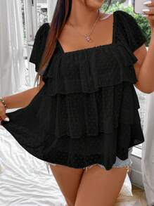 SHEIN MOOSTA 大码编织休闲可爱衬衫荷叶边上衣 - 黑色 - 查看 4