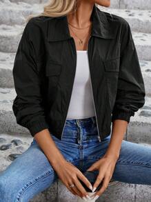 SHEIN LUNE Flip Pocket Drop-Shoulder UV Protection Functional Black Jacket - Black - View 2