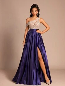 女士新款优雅不对称领亮片开衩正式晚礼服舞会婚礼宾客礼服，适合毕业典礼、晚宴 - 寶藍色 - 查看 6