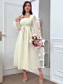 Modelyn Women's Square Collar Solid Color Long Sleeve Summer Dress With Cinched Waist Long Evening Dresses - Apricot - View 6