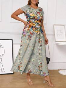 SHEIN Clasi Plus Size Allover In Hình Mùa Hè Cổ Tròn Tay Ngắn Váy Nữ - Màu xanh Bạc hà - Xem 5