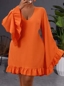 Maweii Plus Extra-Long Sleeve Flare Sleeve Ruffle Hem Dress Fall Cloth For Women