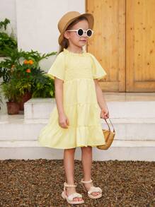 女童纯色编织荷叶边松紧腰 A 字形连衣裙，配有松紧袖口，适合休闲外出和夏季度假 - 母女配套服装（3 件单独出售） - 芥末黃 - 查看 3