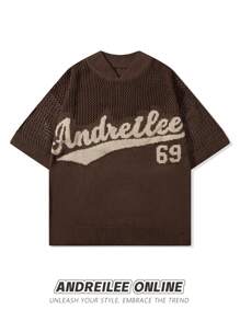 ANDREILEE Men's Hollow Out Short Sleeve Letter & Number Knit Top - Brown - View 1