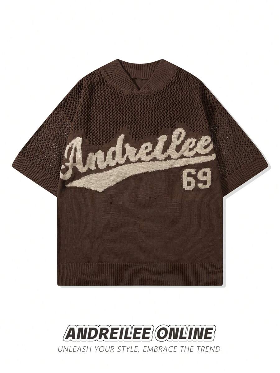 ANDREILEE Men's Hollow Out Short Sleeve Letter & Number Knit Top - Brown - View 1