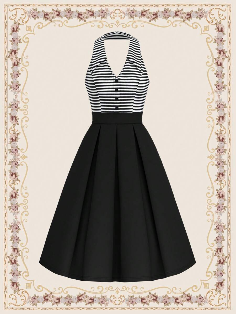 Vintamour Váy sọc thanh lịch cổ điển dành cho nữ có cổ yếm, cổ bẻ và chân váy xòe, màu đen, quần áo trở lại trường, quần áo giáo viên, trang phục Pride, trang phục hòa nhạc cho phụ nữ, váy cài nút, váy công sở phong cách Old Money, váy dài cho phụ nữ, váy Hawaii - màu đen - Xem 1