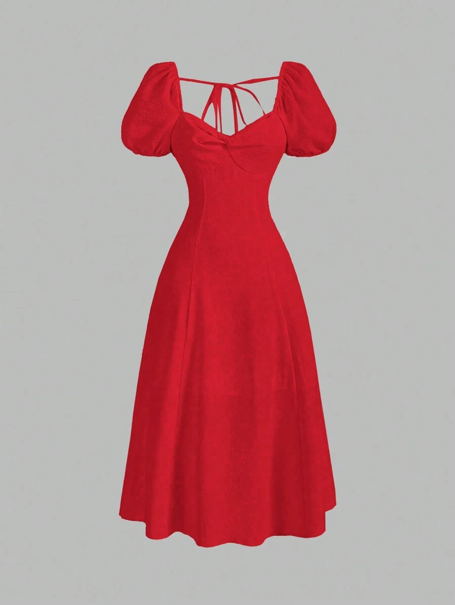 SHEIN MOD 女款純色短袖心形領夏季洋裝 - 紅色 - 查看 1