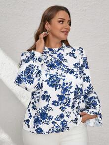 SHEIN Clasi Summer Stand Collar Long Sleeve Shirt For Plus Size - Blue and White - View 5