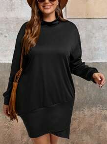 SHEIN VCAY Plus Size Solid Color Stand Collar Long Sleeve Summer Dress - Black - View 1