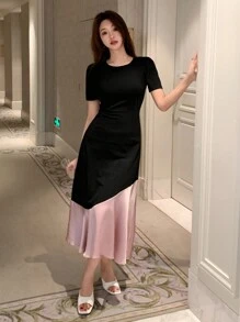 DAZY Color Block Round Neck Women's Short Sleeve Summer Dress,Ruffle - Black - View 10