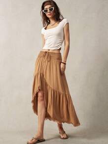 Bohemela 女士不对称下摆度假裙 - 卡其色 - 查看 3