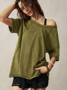 Bohemela Camiseta Verde Lavada Feminina para Férias - Verde de Exercício - Ver 3