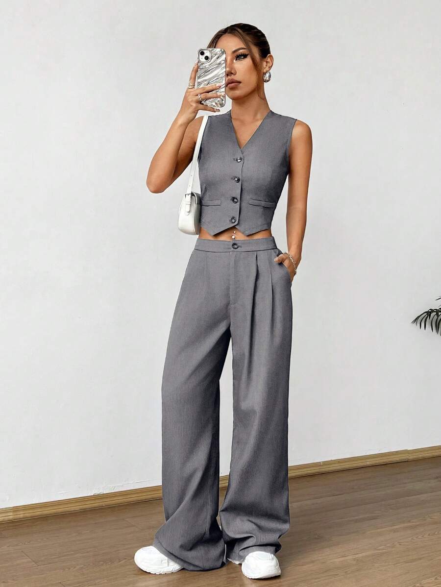 SHEIN Unity بدلة نسائية صيفية عارية بسيطة مكونة من قميص بلا أكمام وسروال طويل - رمادي غامق - مشاهدة 1