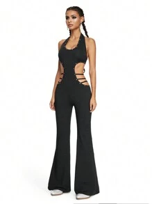 ROMWE Avant Star Rivet Waist Halter Backless Jumpsuit, Rave Festival - Black - View 5