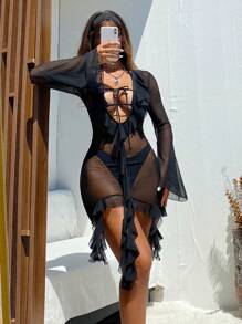 Swim SXY Vestido largo de manga larga con transparencia de unicolor y sexy para damas en verano - Negro - Ver 4