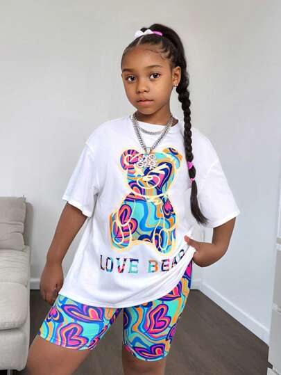 SHEIN Tween Girls Extended Size Streetwear Sporty Casual Knit Round Neck Short Sleeve T-Shirt And Shorts Set, Spring/Summer