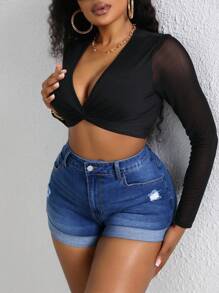 SHEIN SXY Cộng với quần short denim cạp cao rách viền cuộn - Màu xanh lam - Xem 5