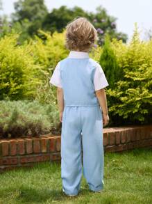 Conjunto para niños pequeños de chaleco de tela de malla azul estilo caballero con doble botonadura, decorado con pajarita y pantalones largos, adecuado para todas las estaciones. Se puede combinar con camisa de manga larga/corta. Ideal para fiestas. - Azul - Ver 2