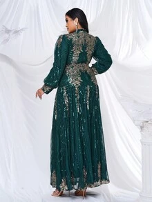 seomiscky Váy dạ hội thanh lịch cỡ lớn cho nữ, cổ đứng đính sequin lưới dài tay, váy dự tiệc tối trang trọng cho khách dự tiệc cưới, tốt nghiệp, váy dự tiệc tối - màu xanh lá - Xem 5