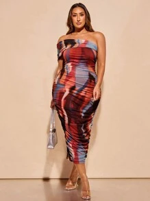 SHEIN BAE Plus Size Women's Elegant Off Shoulder Ruched Mesh Marble Printed Bodycon Midi Dress For Date Or Street Outing - Multicolor - View 1