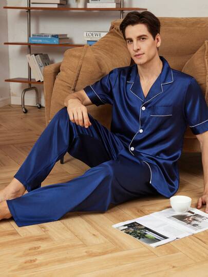 Provexi Provexi Men Contrast Piping Satin Top & Pants PJ Set / Pajama Set