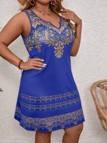 SHEIN VCAY 大尺碼復古無袖女夏裝 - 藍色 - 查看 3