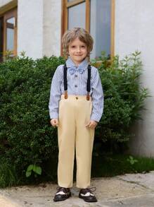 SHEIN 少年紳士2入組藍條紋編織领結長袖衬衫和卡其色編織褲子，带可調節吊帶，时尚，適用於生日派對、晚宴、表演、婚禮、洗禮和首个生日派对。 - 藍色 - 查看 5