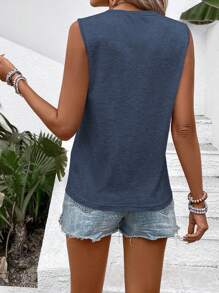 SHEIN LUNE Women's Summer Solid Color Round Neck Toothpick Style Casual Tank Top - Navy Blue - View 2