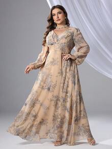 Rochie elegantă cu mânecă lanternă cu imprimeu floral mărimi plus