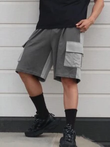 DAZY 男士夏季對比色束腰工作服口袋短褲 - 灰色 - 查看 7