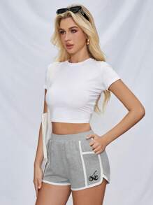SHEIN Essnce Women's Spring/Summer Outdoor Sports Leisure Shorts With Color Blocking And Embroidery Design - Grey - View 4