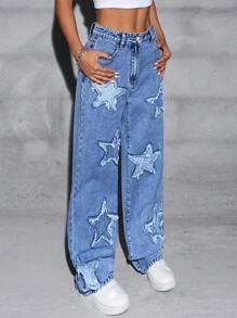 SHEIN ICON Jeans rectos bordados lavados, ropa diaria de moda - Azul lavado medio - Ver 4