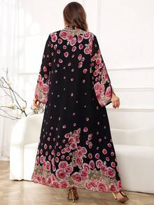 Al Najma 大码女士连衣裙，随机印花，全长优雅 Jalabiya Kaftan 宽松朴素长袖连衣裙 - 粉色 - 查看 2