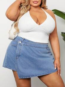 SHEIN CURVE+ Plus Size Loose Denim Shorts With Skirt Overlay, Blue - Blue - View 1