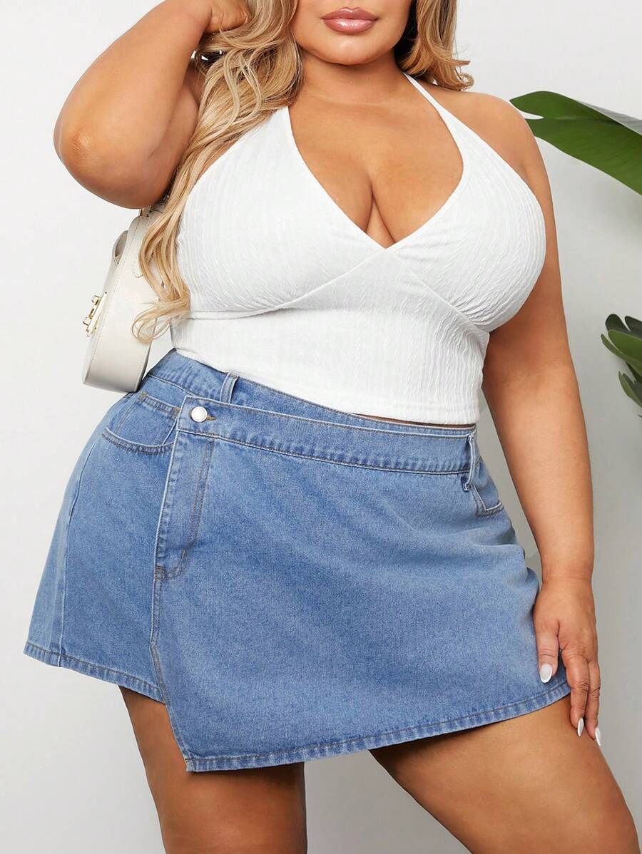 SHEIN CURVE+ Plus Size Loose Denim Shorts With Skirt Overlay, Blue - Blue - View 1
