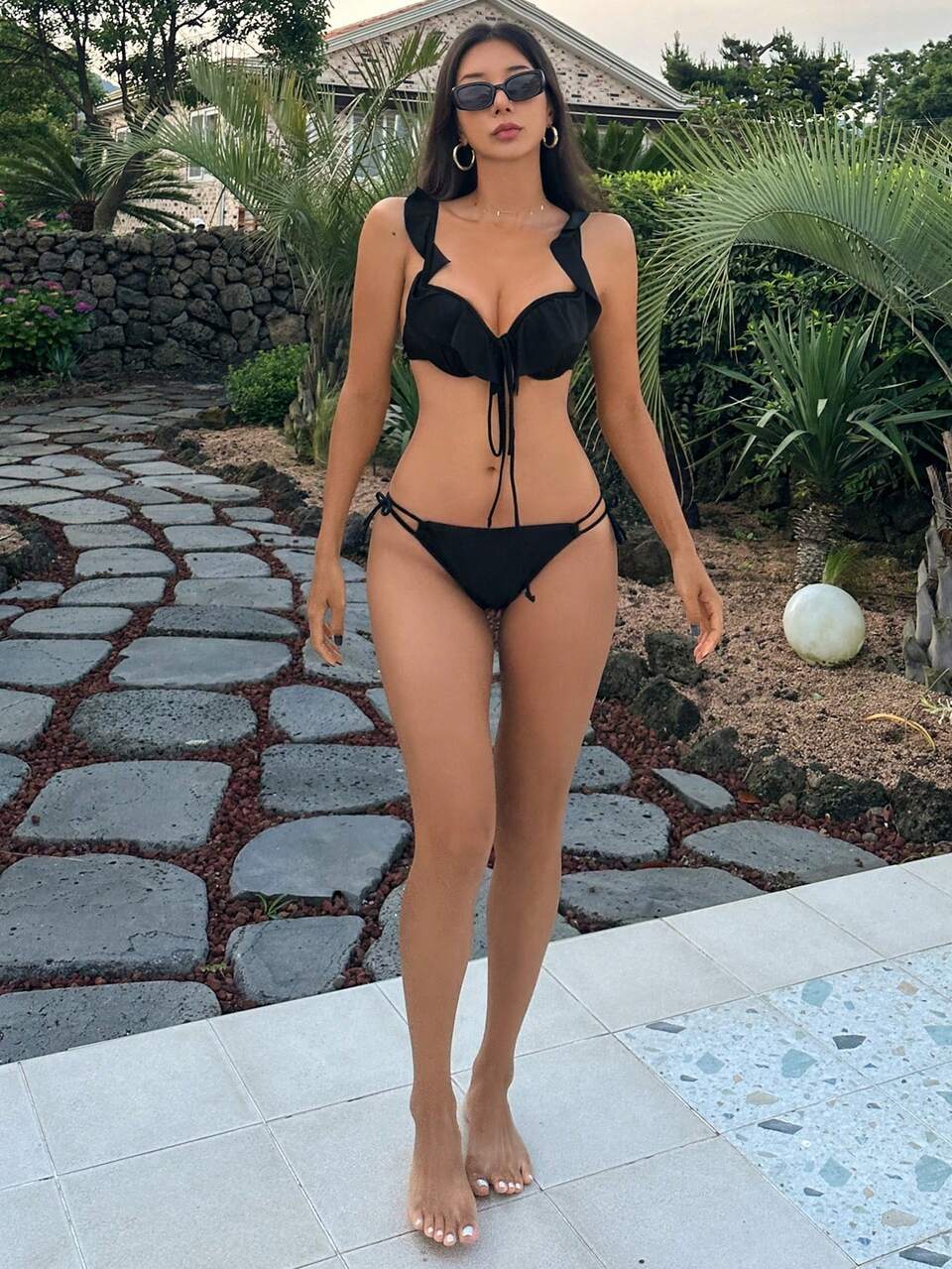 Ruffle Trim Push Up Tie Side Bikini Set Summer,Beach Women Outfits,Tankini Bathing Suit Festival Outfits Vacation