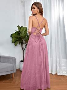 UNITHORSE Lace Up Criss Cross Split Thigh Mesh Bridesmaid Dress Elegant Formal Evening Prom Wedding Guest Gown, For Graduation, Dinner Party Dress, Bride Dress, Birthday Women Outfits, Graduation Dress, Formal Dress, School Clothes - 藕粉色 - 查看 2