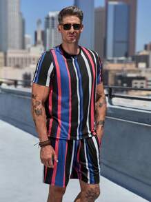 Manfinity Homme Men Striped Print Tee & Shorts - Multicolor - View 6
