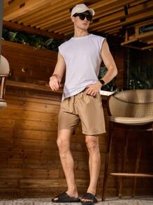 Surfspeed Men's Summer Solid Color Drawstring Waist Loose Casual Shorts With Pockets, Beach Shorts - Khaki - View 6