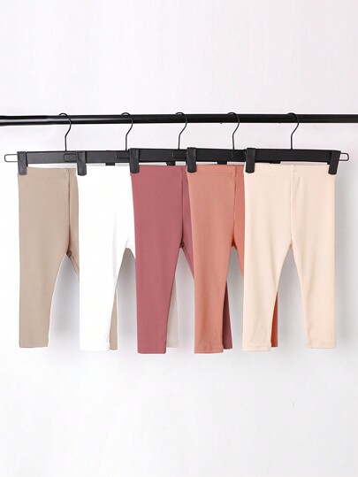 SHEIN Playful Pals 5pcs Baby Girls' Casual All-Match Pants Set, Spring & Autumn New Arrival Knitted High-Elasticity Solid Color Leggings