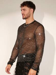 FeverCity Men's Sheer Mesh Round Neck Long Sleeve Knit T-Shirt, Suitable For Summer - Black - View 3