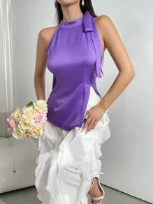 Modelyn Conjunto de 2 piezas con top de hombros anudados y dobladillo asimétrico, y falda con ribete de volantes - Morado - Ver 5