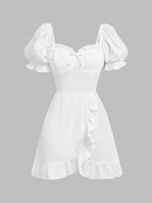 SHEIN Vestido corto de verano blanco con mangas abullonadas y lindos detalles de encaje para adolescente - Blanco - Ver 3