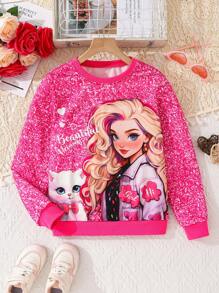 Tween Girls' Cartoon Cat Printed Full Sleeve Cute Sweatshirt