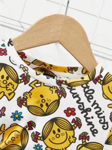 Mr Men Little Miss X SHEIN Young Girl Flower Letter Cartoon Print Casual Lettuce Trim Crop Top And Shorts Homewear Set - Yellow - View 8